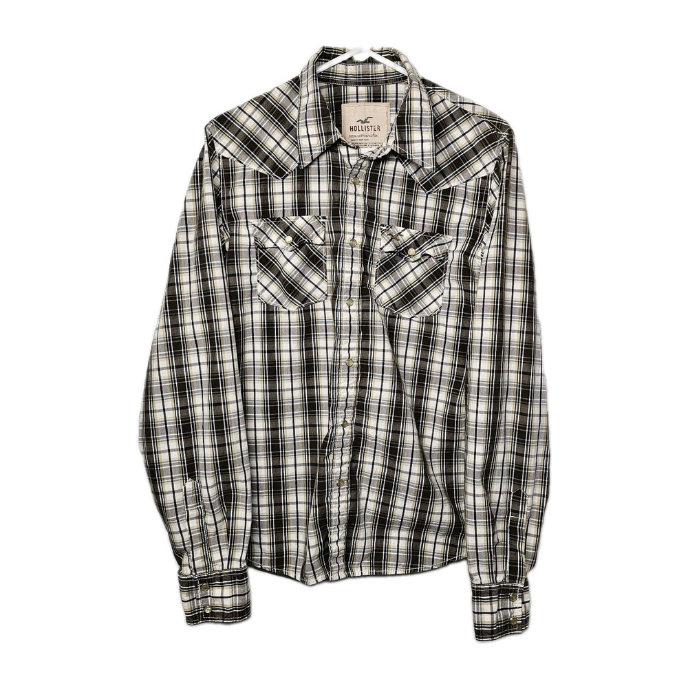 Hollister Shirt Men's Med Western Theme Pearl Snap Up Plaid Pockets 100% Cotton